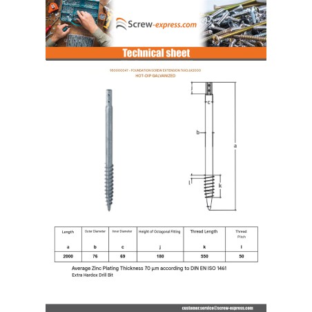 1 x Foundation screw 76X3.6X2000 Hot Dip Galvanized