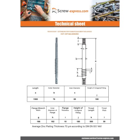 1 x Extension for foundation screws 76X3.6X1500 Hot Dip Galvanized