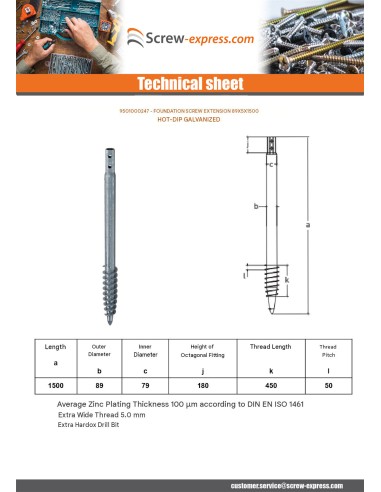 1 x Foundation screw 89X5X1500 Hot Dip Galvanized