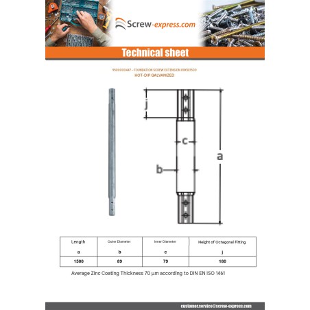 1 x Extension for foundation screws 76X3.6X1500 Hot Dip Galvanized