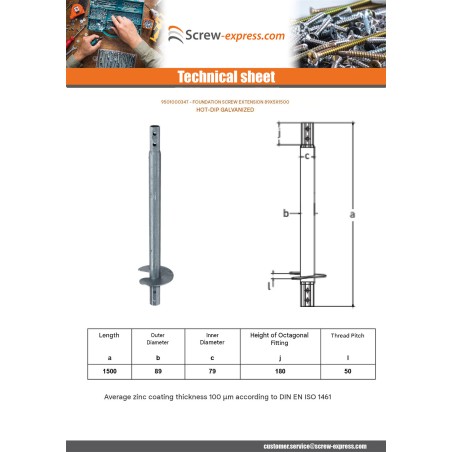 1 x Extension for foundation screws 89X5X1500 Hot Dip Galvanized