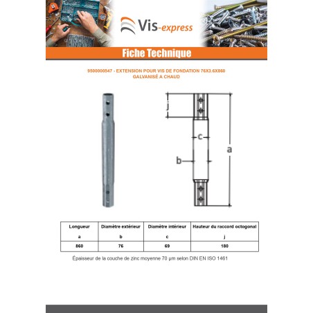 1 x Extension for foundation screws 76X3.6X860 Hot Dip Galvanized