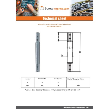1 x Extension for foundation screws 89X5X860 Hot Dip Galvanized