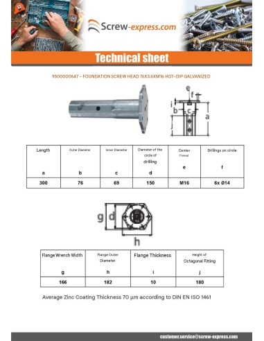 1 x Foundation screw head 76X3.6XM16 Hot Dip...