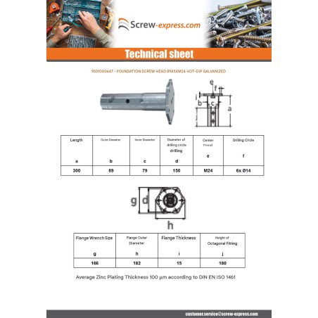 1 x Foundation screw head 89X5XM24 Hot Dip Galvanized