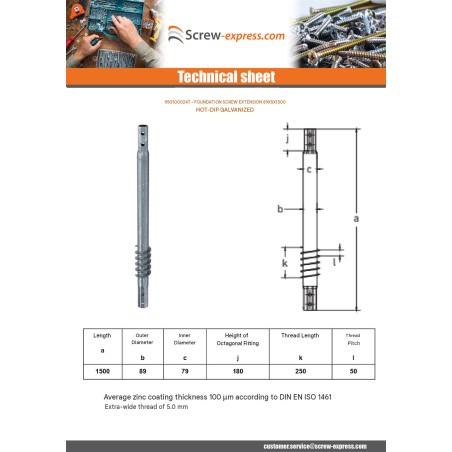 1 x Extension for foundation screws 89X5X1500 Hot Dip Galvanized