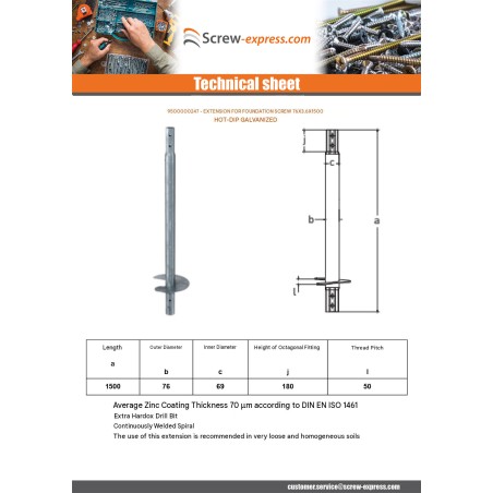 1 x Extension for foundation screws 76X3.6X1500 Hot Dip Galvanized