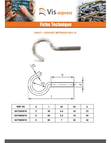 1 x Hook Metric Stainless Steel A2 M5X50