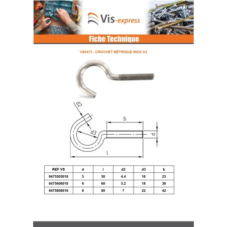1 x Hook Metric Stainless Steel A2 M5X50