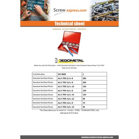 1 x Set of Pliers GO9600 + 100 Rivet DEGOMETAL