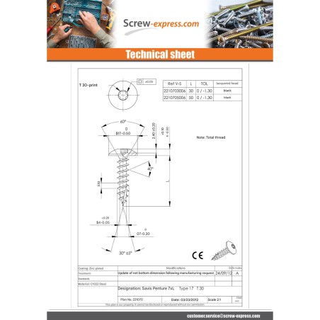 1 x Chipboard Screw Tekor Screw Truss 7X30 Thread Length: 30 T30 Black Zinc Plated cut Type 17 Drilling Point