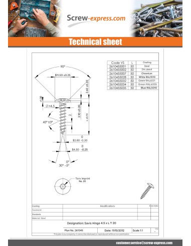 1 x Screw Truss 4.5X50 Full Thread T20 Zinc...