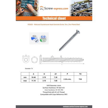 1 x Screw Concrete Countersunk Head Reduced 7.5X120 T30 Zinc Plated