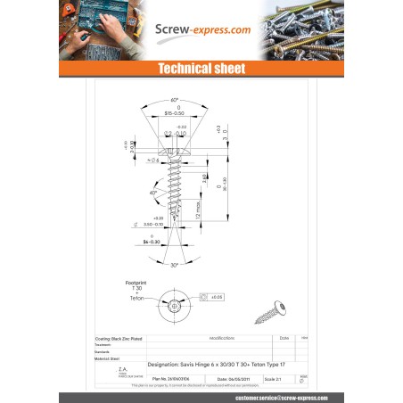 1 x Screw Truss Security 6X30 Thread Length: 30 T30+TET cut Type 17 Drilling Point Black Zinc Plated