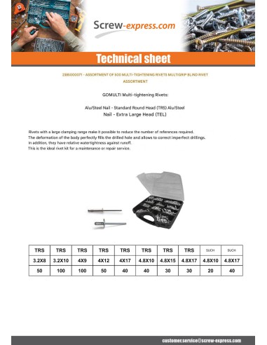 1 x Set of 500 Multigrip blind rivets Aluminum...