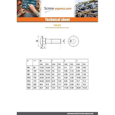1 x Carriage Bolts Stainless Steel A4 M12X70 Partial Thread