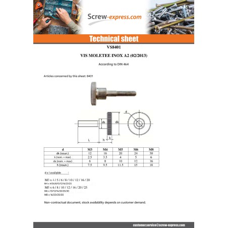 1 x Machine Screw Knurlled M6X20 Stainless Steel A1