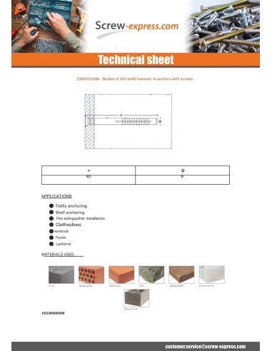 1 x Bucket of 500 Hammer Plug With Screw 6X40...