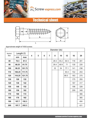 1 x Coach Screws/Hexagonal Head Wood Stainless...