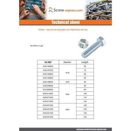 1 x Bolt With Nut Hexagonal Head M24X100 Class 8.8 Zinc Plated NO LOGO
