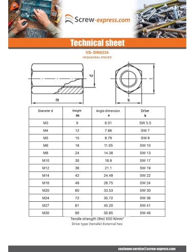 1 x Manchon Hexagonal M6X40 Flatbed 10 Zinc Plated