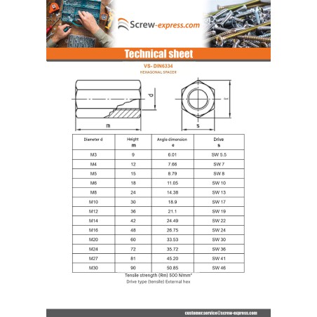1 x Manchon Hexagonal M10X30 Flatbed 12 Zinc Plated