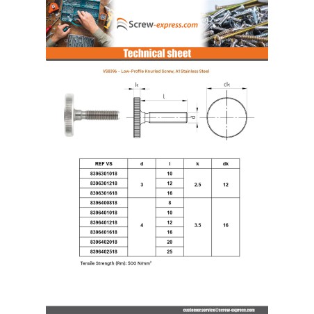 1 x Machine Screw Knurlled Low Stainless Steel A1 M6X25