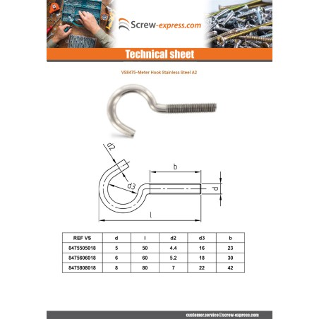 1 x Hook Metric Stainless Steel A2 M8X80