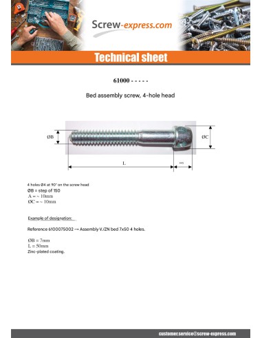1 x Furniture Screw Zinc Plated M7X45 Head 4 Holes