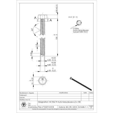 1 x Thread Rolling Screw Self Tapping Screw Hexagonal Head 6.3X100 Stainless Steel A2 Zinc Plated