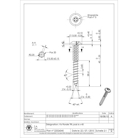 1 x Screw Floral Large Round Head Pozi PZ3 6X45 Aluminium Ral9016/Traffic Signalisation