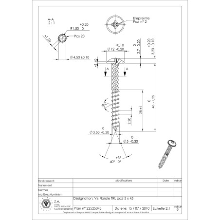 1 x Screw Floral Large Round Head Pozi PZ2 5X45 Aluminium RAL8003